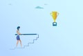 Business Woman Drawing On Stairs Up To Golden Cup Winner Success Concept Royalty Free Stock Photo