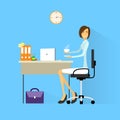 Business woman drink coffee sitting at desk in