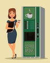Business woman drinking coffee near coffee vending machine.