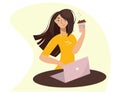Business woman drinks coffee from a plastic cup while working. Stylish lady and laptop. The girl pauses, recuperates