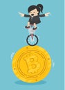 Business woman drives a single wheel bike on Bitcoins