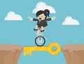 business woman drives a single wheel bike through a steep mountain with a magical key. Royalty Free Stock Photo