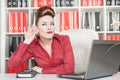 Business woman eavesdropping working in office Royalty Free Stock Photo