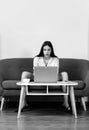 Business woman entrepreneur using computer looking at screen working in internet at flirting office desk, professional Royalty Free Stock Photo