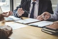 Business woman explaining about his profile to two selection committee manager sitting in during job Interview, interview the job