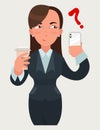 Business woman expressions. Woman with a coffee and a smartphone. nSuspicious emotion