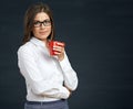 Business woman eyeglasses wearing holding red coffee cup. Royalty Free Stock Photo