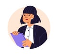 Business woman, face avatar. Female employee, office worker. Asian businesswoman, CEO in eyeglasses with clipboard in