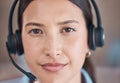 Business woman, face and call center closeup of a professional headshot with vision. Workforce, worker and female person Royalty Free Stock Photo