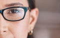 Business woman, face and glasses closeup of a professional with vision and eyes. Workforce, young worker eye and female Royalty Free Stock Photo