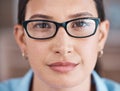 Business woman, face and glasses closeup of a professional with vision and lens. New frame, young worker and female Royalty Free Stock Photo