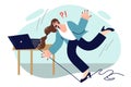 Business woman falls in office after tripping over computer cable and risks injury
