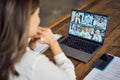 Business woman team leader having hybrid office group meeting video call. Royalty Free Stock Photo