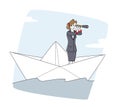 Business Woman Floating on Paper Ship. Female Character Looking in Spyglass Sailing on Boat in Open Sea or Ocean Waves Royalty Free Stock Photo