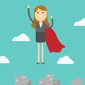 Business woman flying to sky. Business superhero concept.