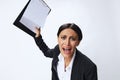 Business woman folder with documents in black business suit shows signals gestures and emotions on white background