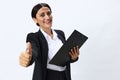 Business woman folder with documents in black business suit shows signals gestures and emotions on white background