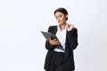 Business woman folder with documents in black business suit shows signals gestures and emotions on white background