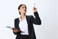 Business woman folder with documents in black business suit shows signals gestures and emotions on white background