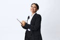 Business woman folder with documents in black business suit shows signals gestures and emotions on white background