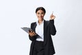 Business woman folder with documents in black business suit shows signals gestures and emotions on white background