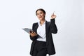 Business woman folder with documents in black business suit shows signals gestures and emotions on white background