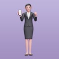 Business woman in formal suit doing winning gesture with showing phone screen