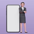 Business woman in formal suit leaning on phone and hand crossed