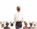 Business woman in front of large audience of people. Speech and orator. Watercolor illustration on white background