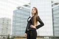 Business woman in front of office building Royalty Free Stock Photo