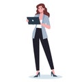 Business woman with gadget. Female character in suit holding tablet. Royalty Free Stock Photo