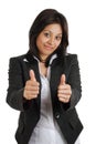 Business woman gesturing double thumbs up