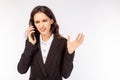 Business woman gets disagrees, angry, unsatisfied and unhappy her customer or boss. White collar worker talking with her customer, Royalty Free Stock Photo