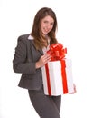 Business woman with gift box. Royalty Free Stock Photo