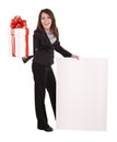 Business woman with gift box, banner Royalty Free Stock Photo