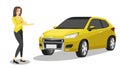 Business woman or Business Girl Make a persuasive move to sell or look at the yellow car.