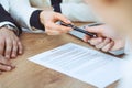 Business woman giving pen to businessman ready to sign contract. Success communication at meeting or negotiation Royalty Free Stock Photo