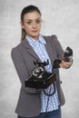 Business woman giving phone to you Royalty Free Stock Photo