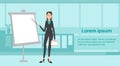 Business Woman Giving Presentation Over White Board Report Or Strategy Meeting Banner With Copy Space