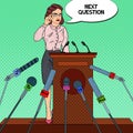 Business Woman Giving Press Conference. Mass Media Interview. Pop Art illustration