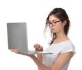 Business woman in glasses with modern popular laptop notebook Royalty Free Stock Photo