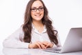 Business Woman with glasses using laptop computer pc. Royalty Free Stock Photo