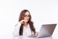 Business Woman with glasses using laptop computer pc. Royalty Free Stock Photo