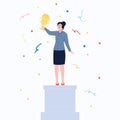 Business woman with golden cup on pedestal. Happy girl trophy, success and reward. Executive female winner, leadership Royalty Free Stock Photo