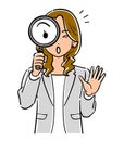 Business woman in gray jacket with magnifying glass