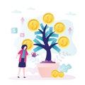 Business woman grows money tree. Female character with watering can watering plant with gold coins Royalty Free Stock Photo