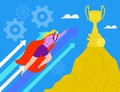 Business woman growth success, professional superhero vector illustration. Female leader hero super power, manager Royalty Free Stock Photo