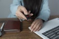 Business woman hand flash with computer