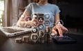 Business woman hand holding coins to stack on desk concept saving money finance and accounting Royalty Free Stock Photo