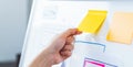 Business woman hand holding a yellow sticky post note paper on a white board. Royalty Free Stock Photo